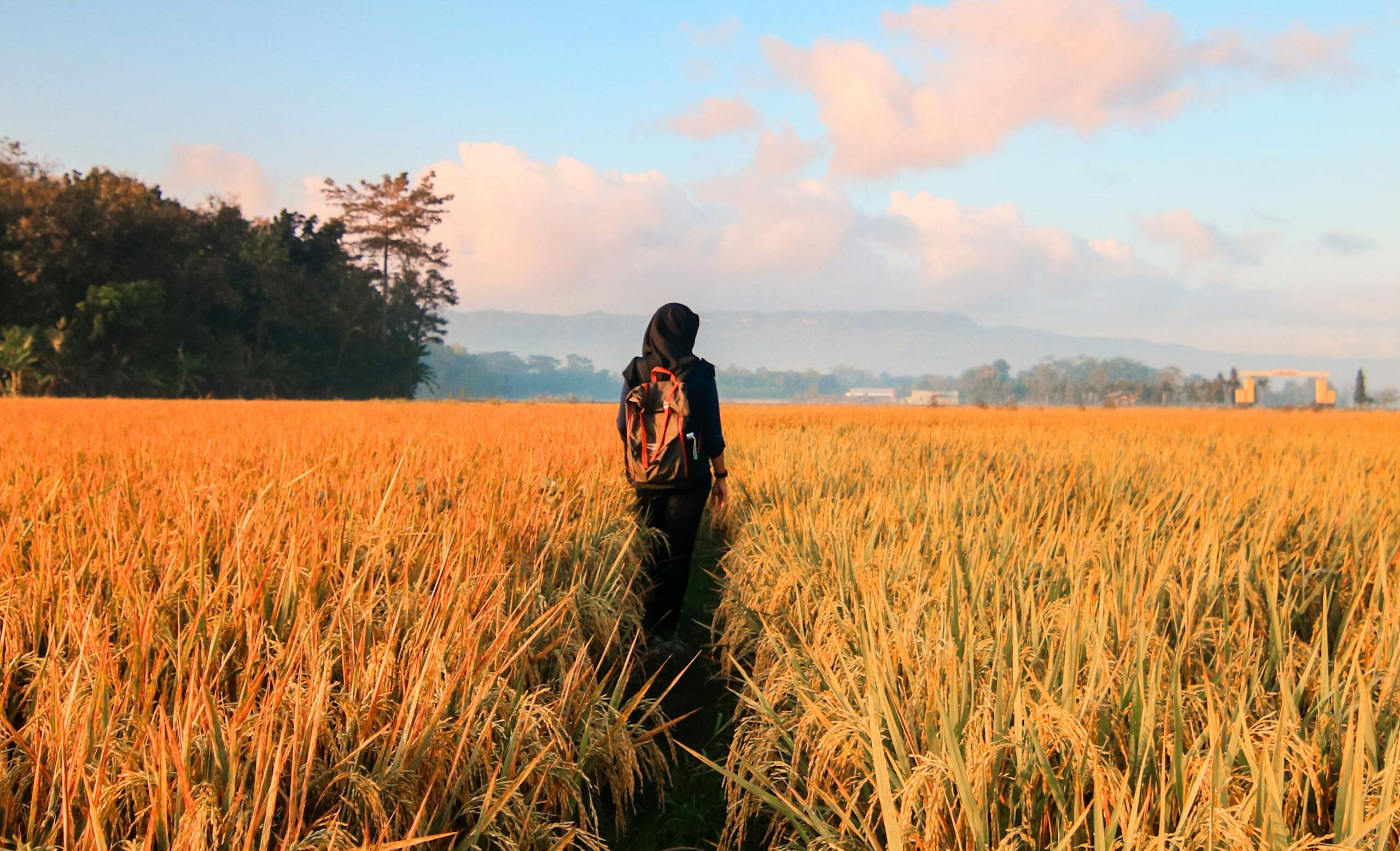 Woman in Black Hijab Headscarf Walking on Field, woman traveling solo
